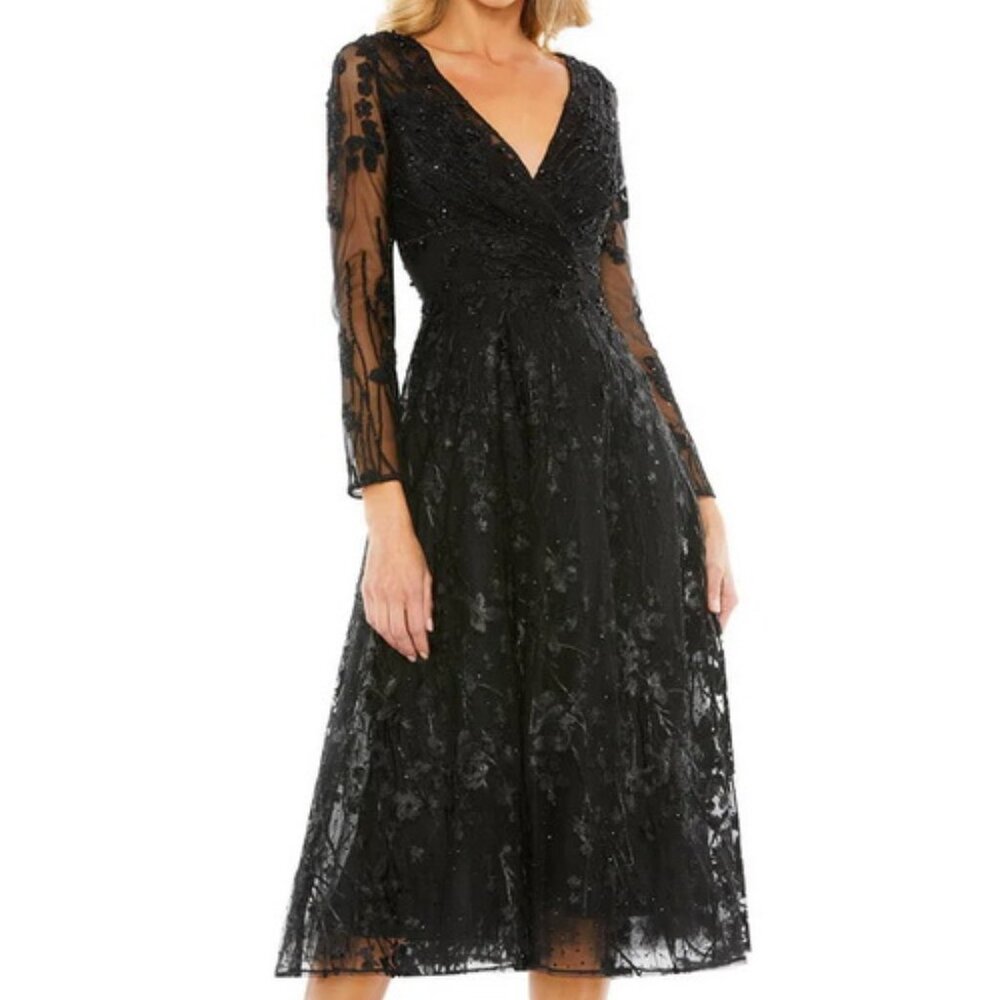 Mac Duggal Black Embellished Floral Lace Fit & Flare Cocktail Dress